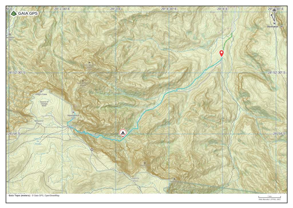 Rockeries Pass to Mnweni Pass Hike Route Map.
